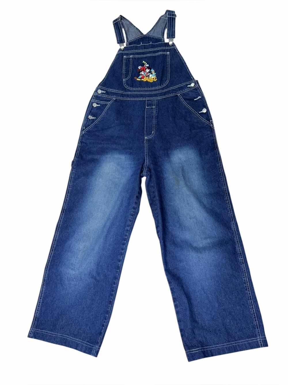 VTG Disney Mickey Unlimited Denim Overalls L Embroidered Characters Wide Leg Y2K
